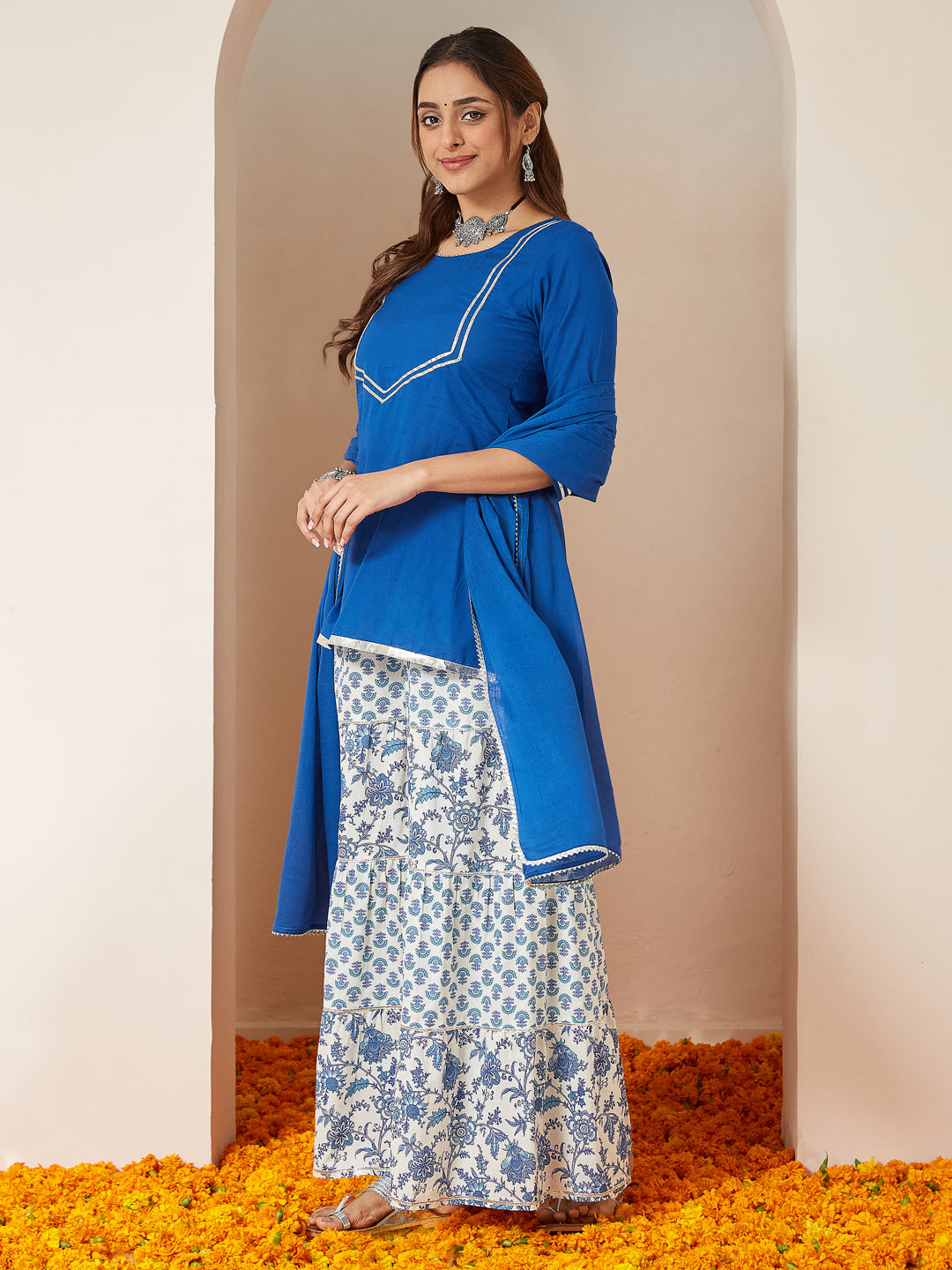 Women's Blue Pure Cotton Yoke Design Straight Kurti With Printed Sharara & Dupatta Set