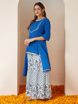 Women's Blue Pure Cotton Yoke Design Straight Kurti With Printed Sharara & Dupatta Set