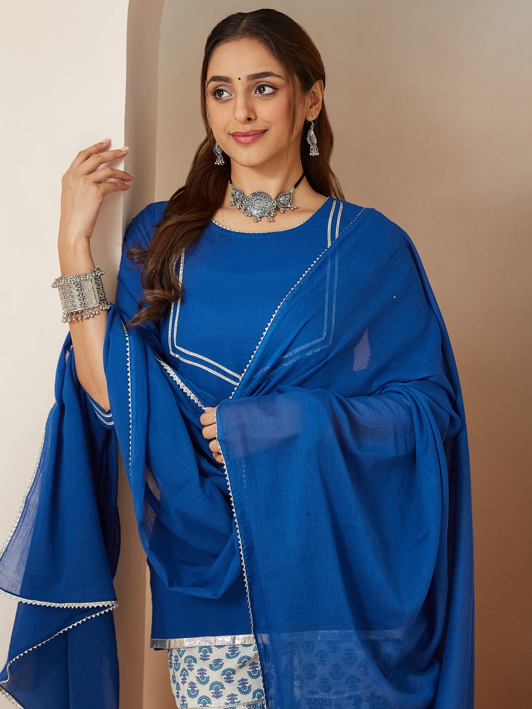 Women's Blue Pure Cotton Yoke Design Straight Kurti With Printed Sharara & Dupatta Set