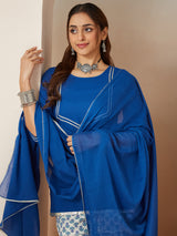 Women's Blue Pure Cotton Yoke Design Straight Kurti With Printed Sharara & Dupatta Set