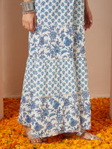 Women's Blue Pure Cotton Yoke Design Straight Kurti With Printed Sharara & Dupatta Set