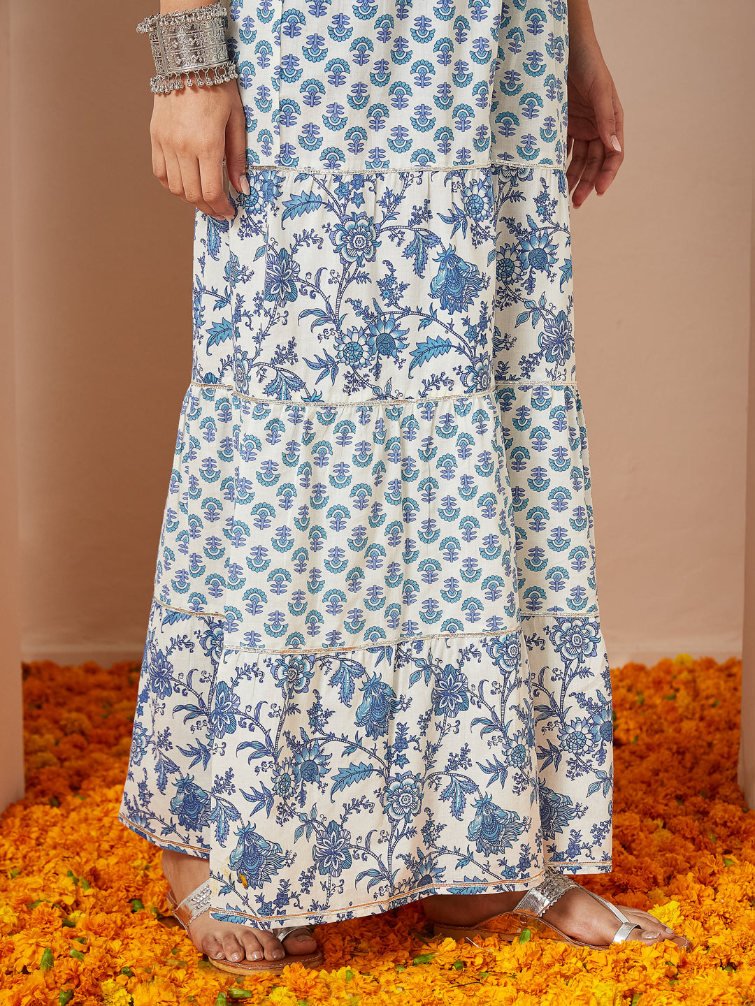 Women's Blue Pure Cotton Yoke Design Straight Kurti With Printed Sharara & Dupatta Set