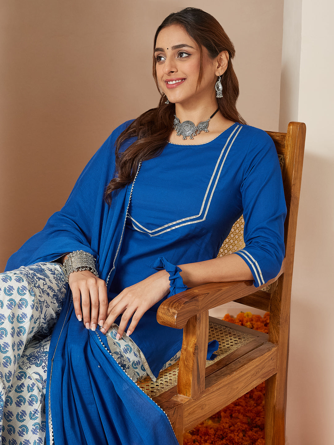 Women's Blue Pure Cotton Yoke Design Straight Kurti With Printed Sharara & Dupatta Set
