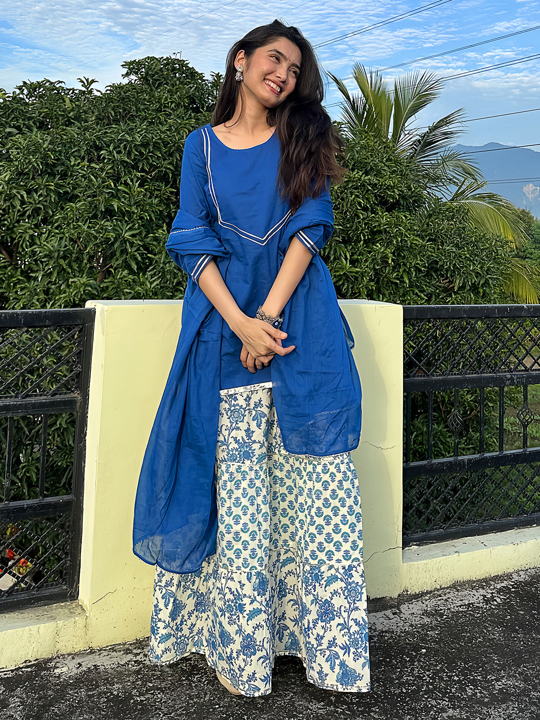 Women's Blue Pure Cotton Yoke Design Straight Kurti With Printed Sharara & Dupatta Set