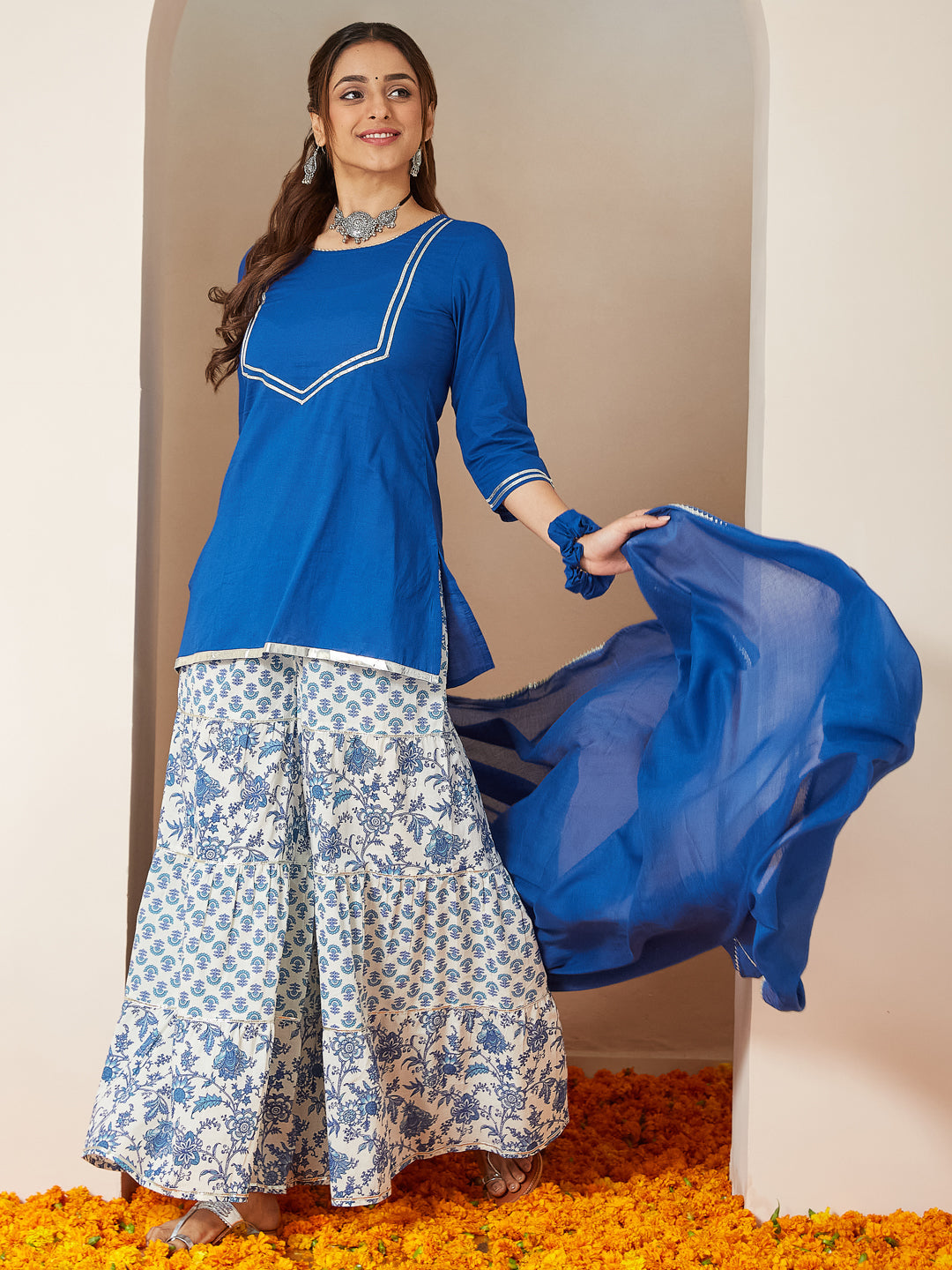 Women's Blue Pure Cotton Yoke Design Straight Kurti With Printed Sharara & Dupatta Set