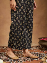 Women's Black Cotton Ethnic Motifs Printed Straight Kurta Set