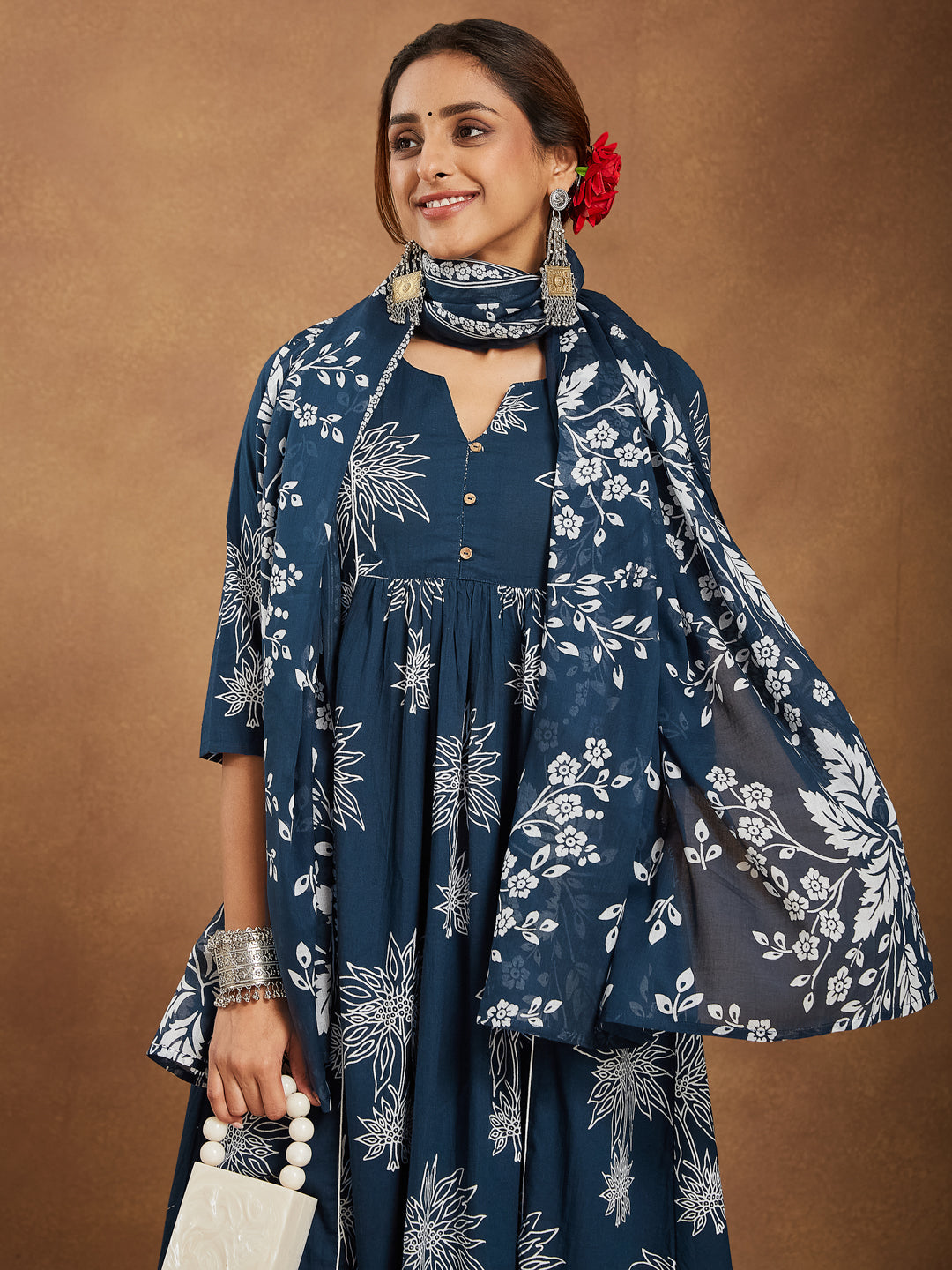 Women's Teal Blue Pure Cotton Floral Printed A-line Kurta Set