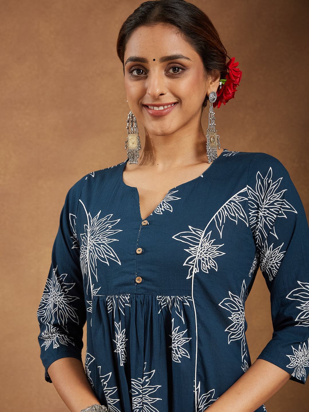 Women's Teal Blue Pure Cotton Floral Printed A-line Kurta Set