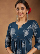 Women's Teal Blue Pure Cotton Floral Printed A-line Kurta Set