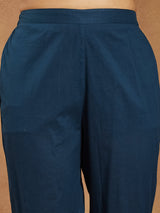 Women's Teal Blue Pure Cotton Floral Printed A-line Kurta Set