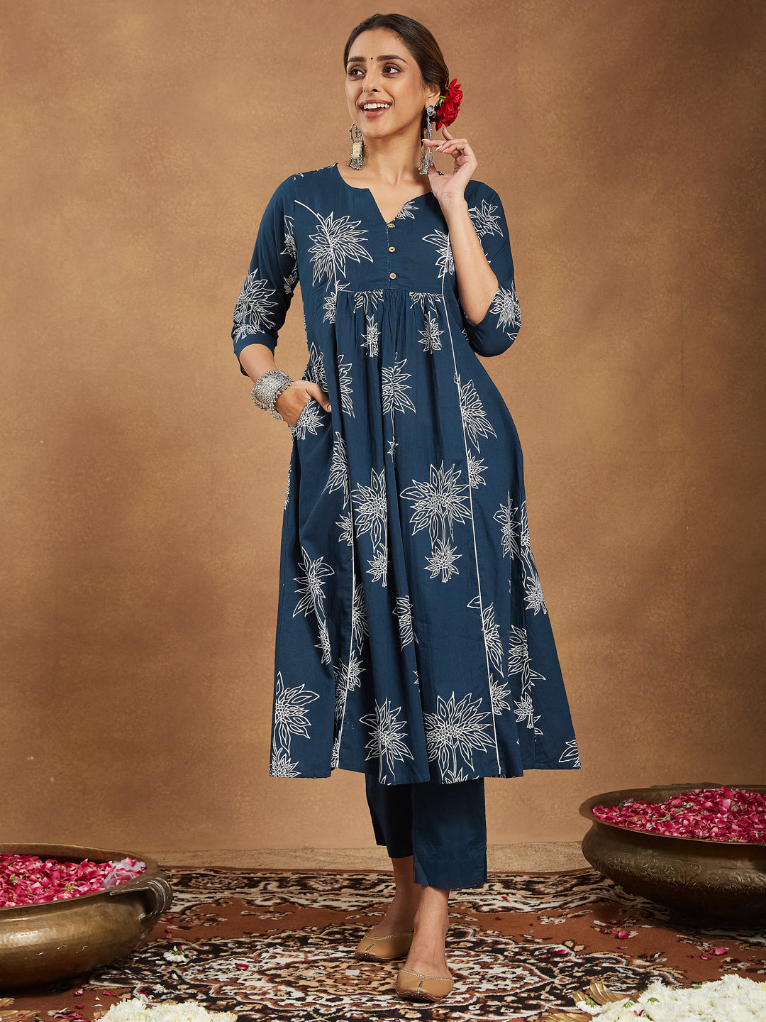 Women's Teal Blue Pure Cotton Floral Printed A-line Kurta Set