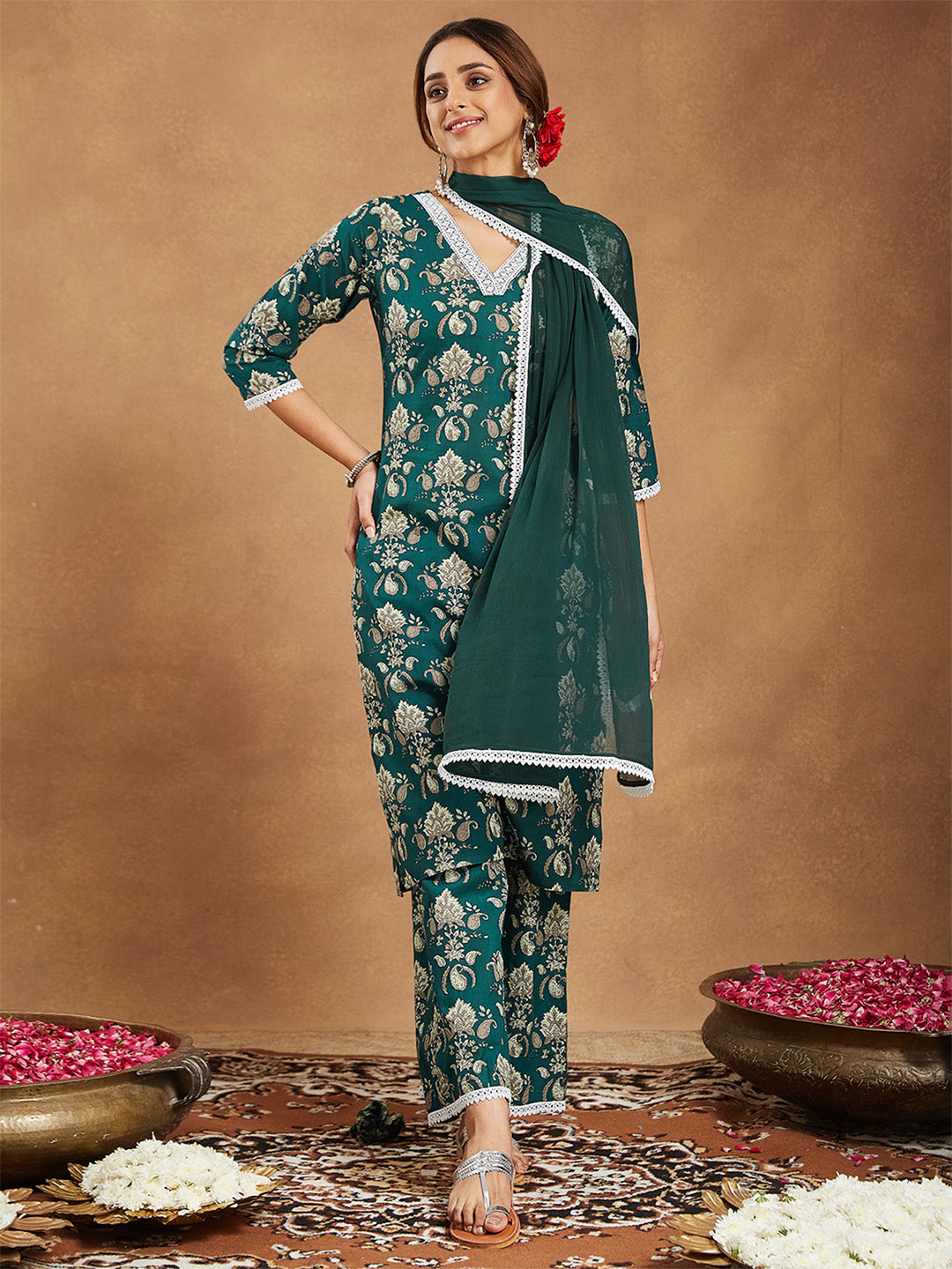 Women's Green Pure Cotton Paisley Printed Straight Kurta With Palazzo Set