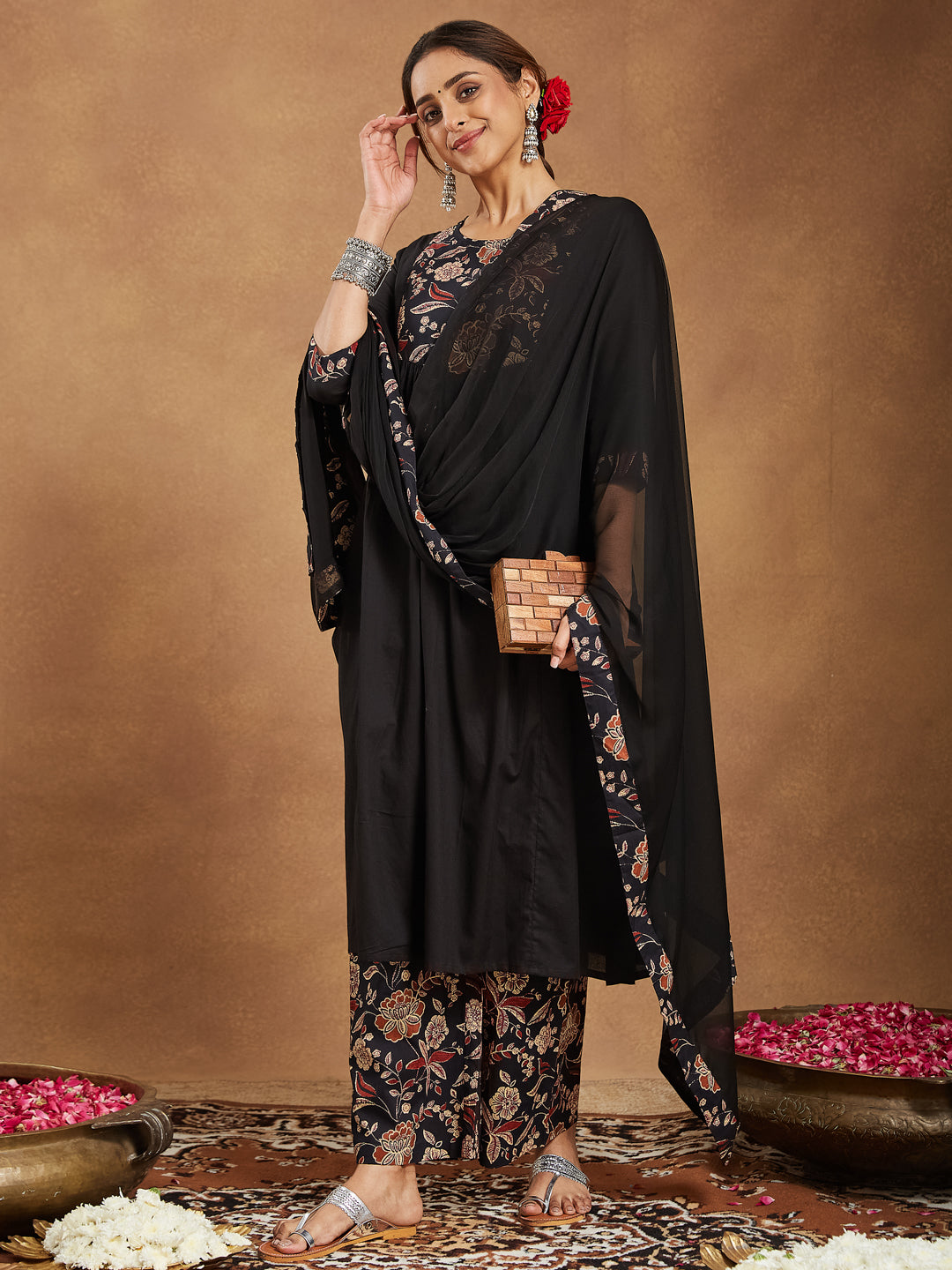 Women's Black Pure Cotton Floral Printed A-line Kurta With Palazzo & Dupatta Set