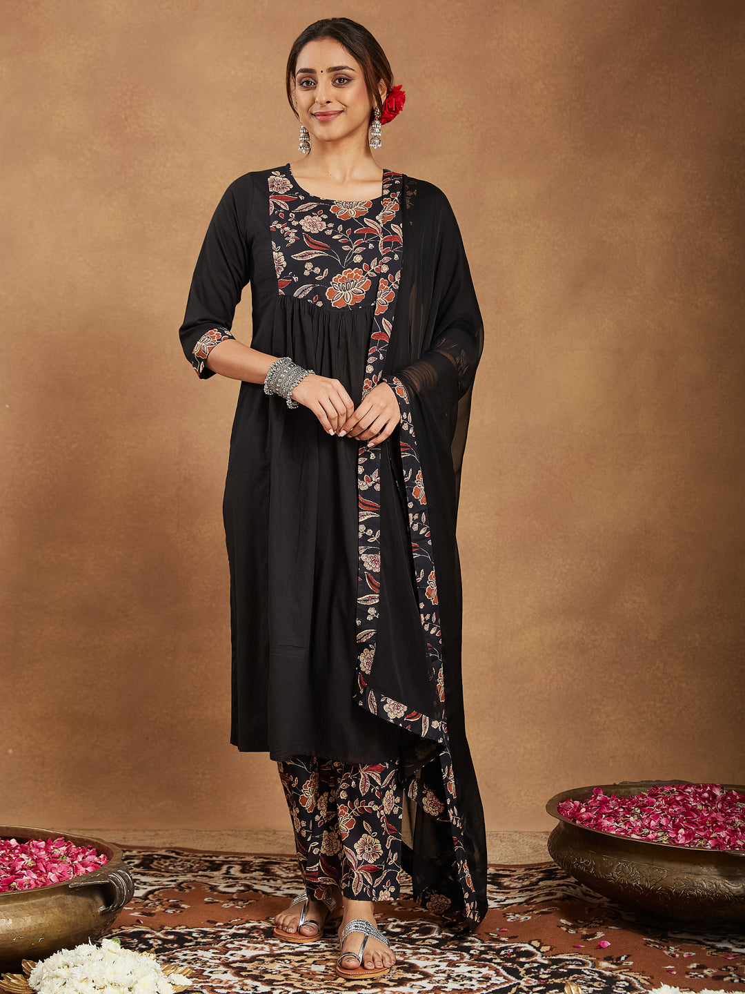 Women's Black Pure Cotton Floral Printed A-line Kurta With Palazzo & Dupatta Set