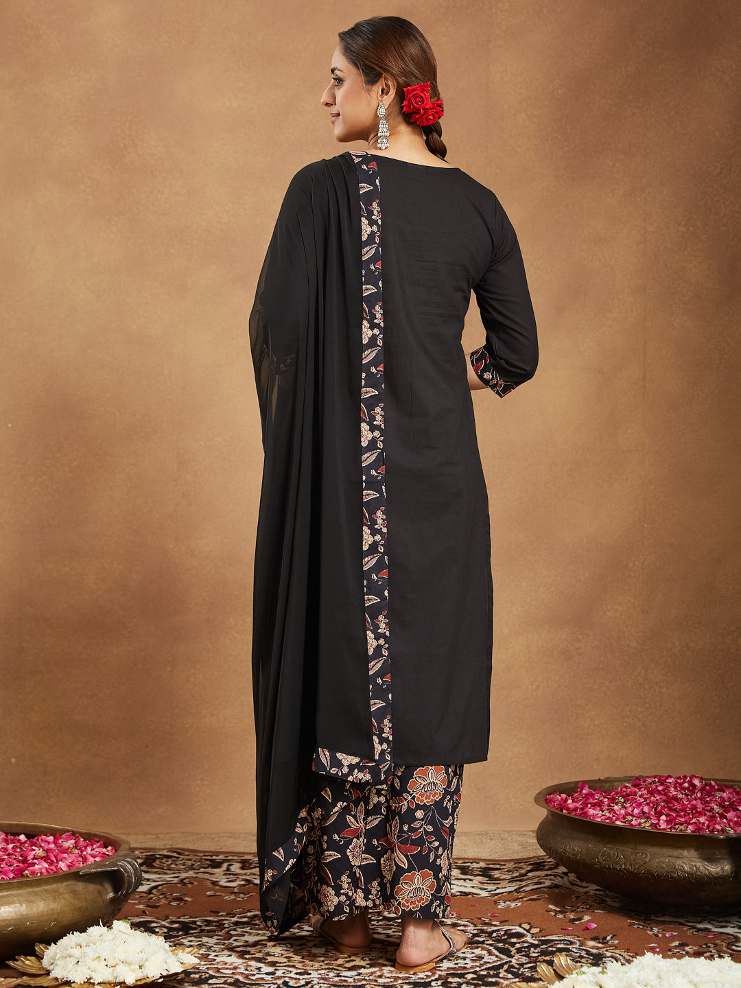 Women's Black Pure Cotton Floral Printed A-line Kurta With Palazzo & Dupatta Set