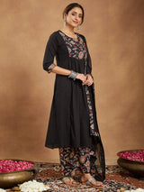 Women's Black Pure Cotton Floral Printed A-line Kurta With Palazzo & Dupatta Set