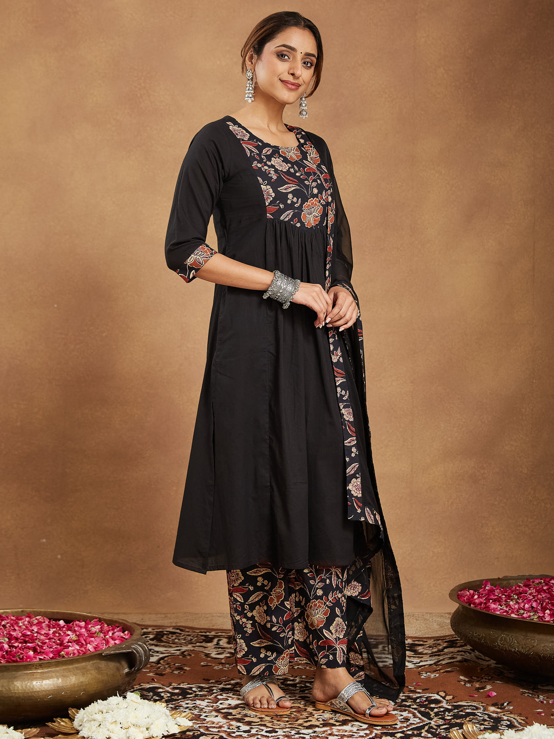 Women's Black Pure Cotton Floral Printed A-line Kurta With Palazzo & Dupatta Set