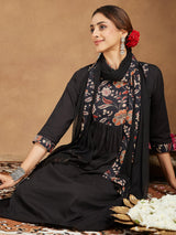Women's Black Pure Cotton Floral Printed A-line Kurta With Palazzo & Dupatta Set
