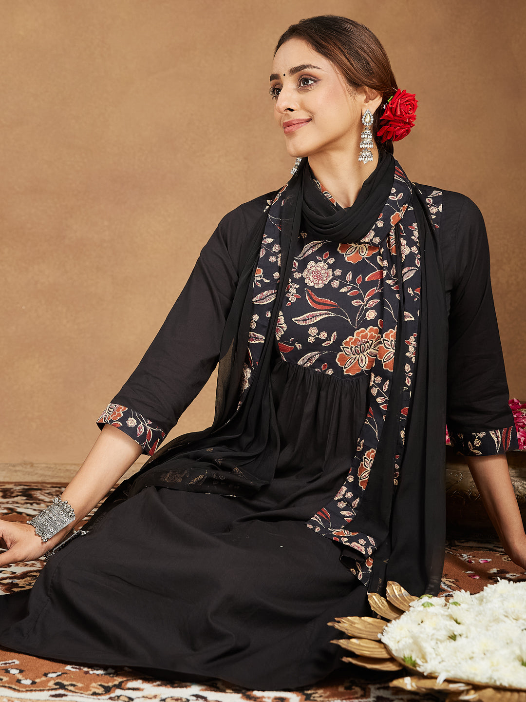 Women's Black Pure Cotton Floral Printed A-line Kurta With Palazzo & Dupatta Set