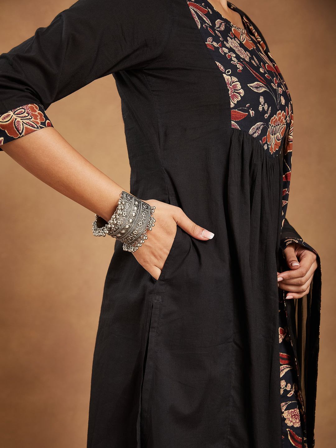 Women's Black Pure Cotton Floral Printed A-line Kurta With Palazzo & Dupatta Set