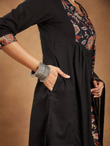 Women's Black Pure Cotton Floral Printed A-line Kurta With Palazzo & Dupatta Set
