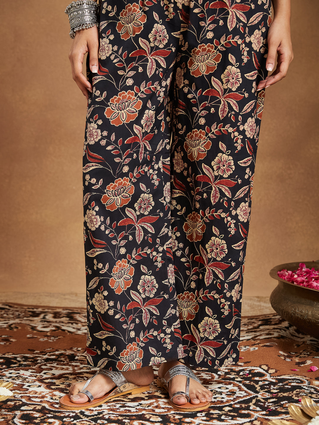 Women's Black Pure Cotton Floral Printed A-line Kurta With Palazzo & Dupatta Set