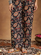 Women's Black Pure Cotton Floral Printed A-line Kurta With Palazzo & Dupatta Set