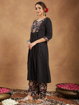 Women's Black Pure Cotton Floral Printed A-line Kurta With Palazzo & Dupatta Set