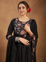 Women's Black Pure Cotton Floral Printed A-line Kurta With Palazzo & Dupatta Set