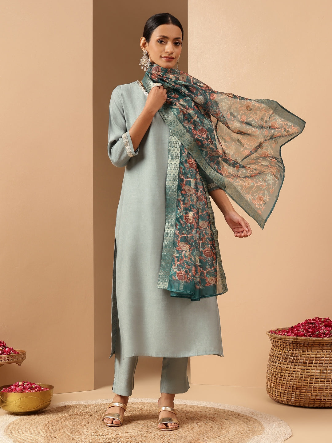 Women's Powder Blue Silk Blend Embellished Straight Kurta Set With Printed Jacquard Dupatta