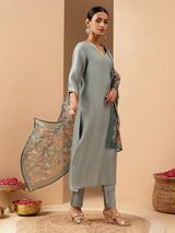 Women's Powder Blue Silk Blend Embellished Straight Kurta Set With Printed Jacquard Dupatta