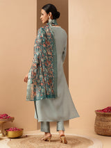 Women's Powder Blue Silk Blend Embellished Straight Kurta Set With Printed Jacquard Dupatta