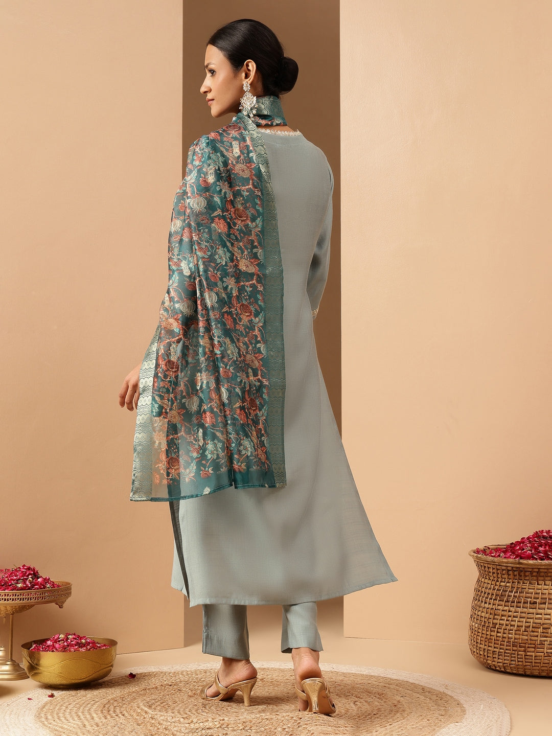 Women's Powder Blue Silk Blend Embellished Straight Kurta Set With Printed Jacquard Dupatta