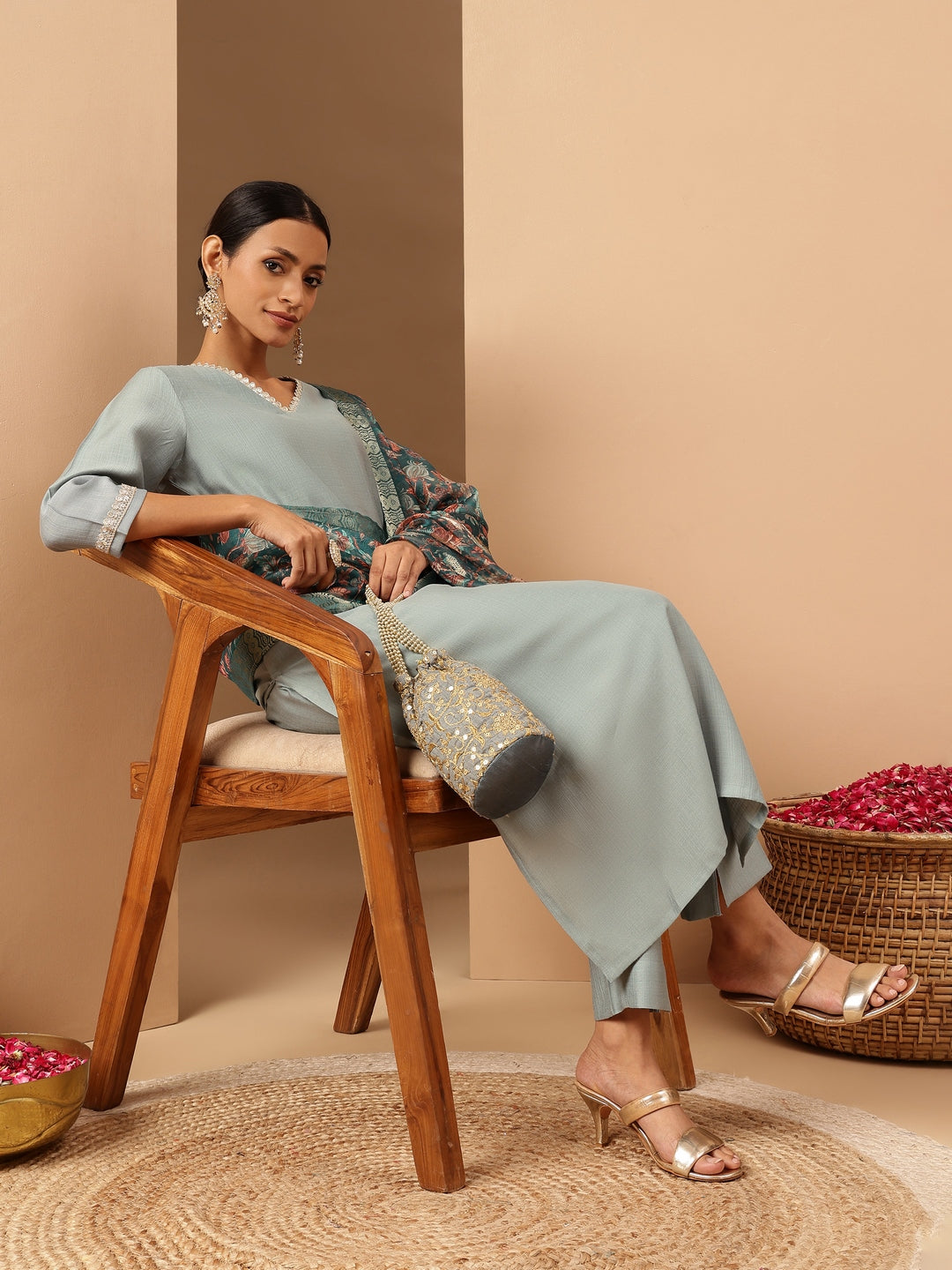 Women's Powder Blue Silk Blend Embellished Straight Kurta Set With Printed Jacquard Dupatta