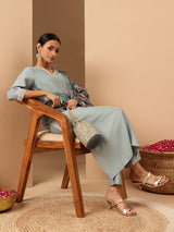 Women's Powder Blue Silk Blend Embellished Straight Kurta Set With Printed Jacquard Dupatta