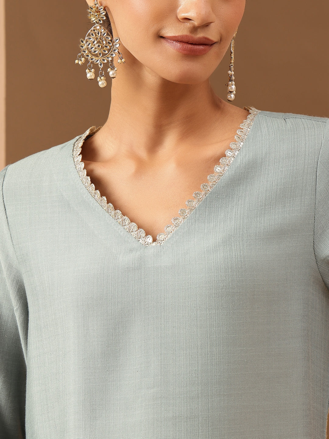 Women's Powder Blue Silk Blend Embellished Straight Kurta Set With Printed Jacquard Dupatta