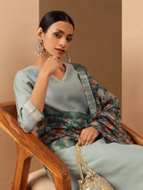 Women's Powder Blue Silk Blend Embellished Straight Kurta Set With Printed Jacquard Dupatta