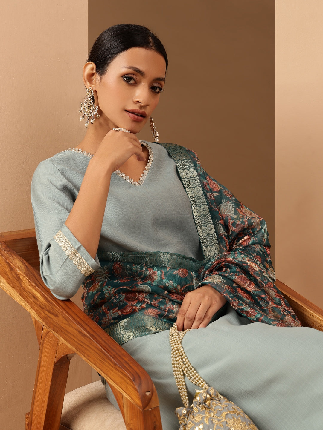 Women's Powder Blue Silk Blend Embellished Straight Kurta Set With Printed Jacquard Dupatta