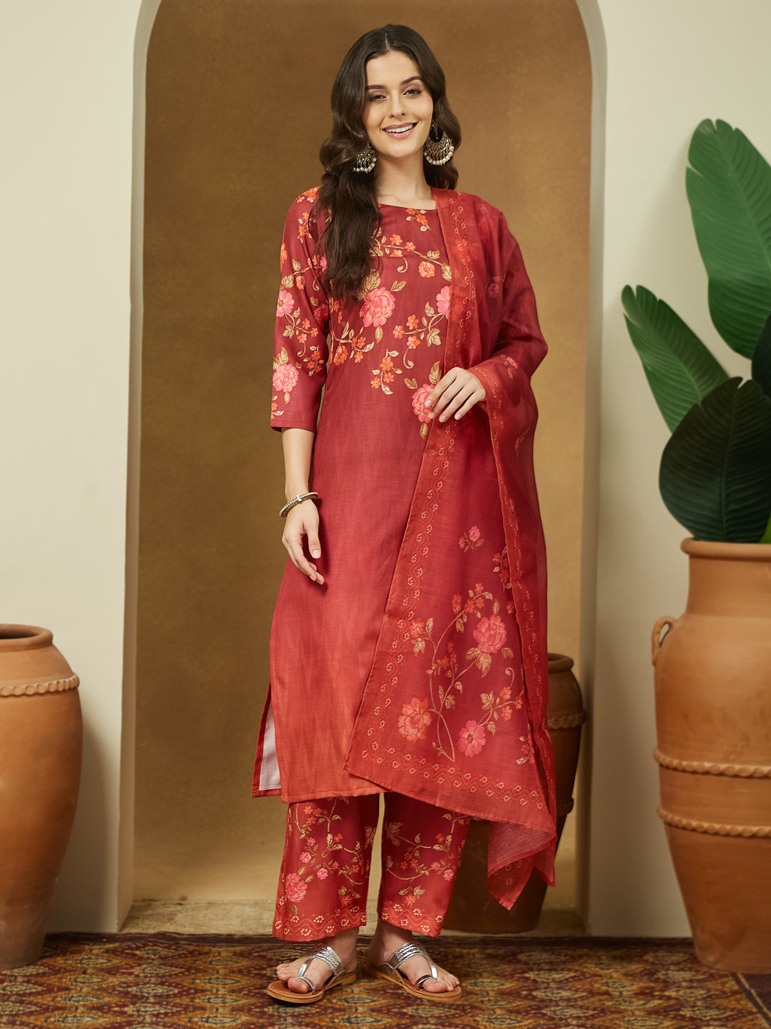 Women's Rust Cotton Blend Floral Printed Straight Kurta Set