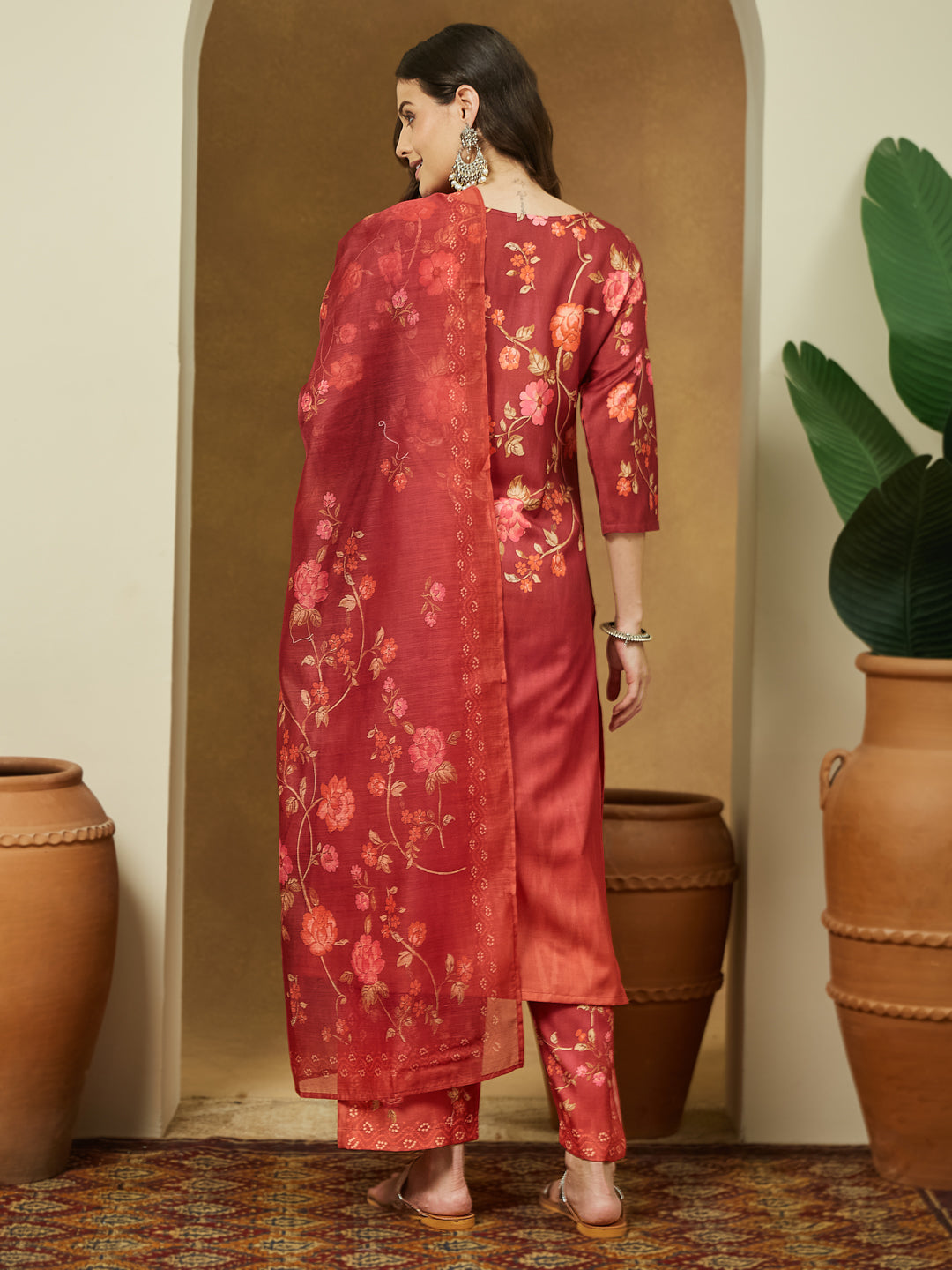 Women's Rust Cotton Blend Floral Printed Straight Kurta Set