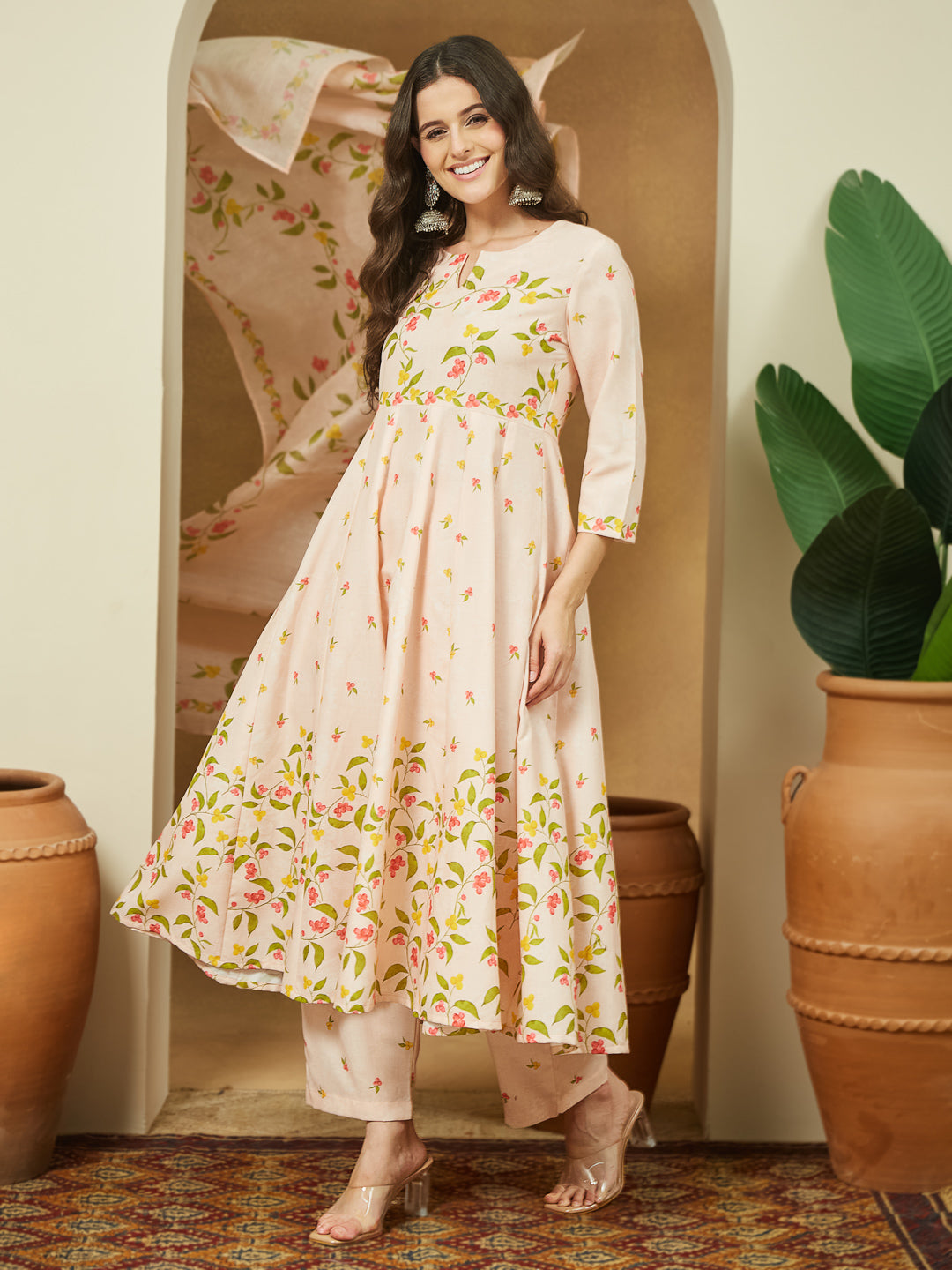 Women's Peach Cotton Blend Floral Printed Anarkali Kurta Set