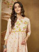 Women's Peach Cotton Blend Floral Printed Anarkali Kurta Set