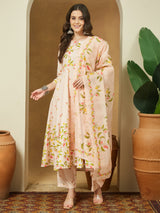 Women's Peach Cotton Blend Floral Printed Anarkali Kurta Set