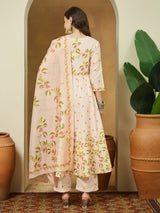 Women's Peach Cotton Blend Floral Printed Anarkali Kurta Set