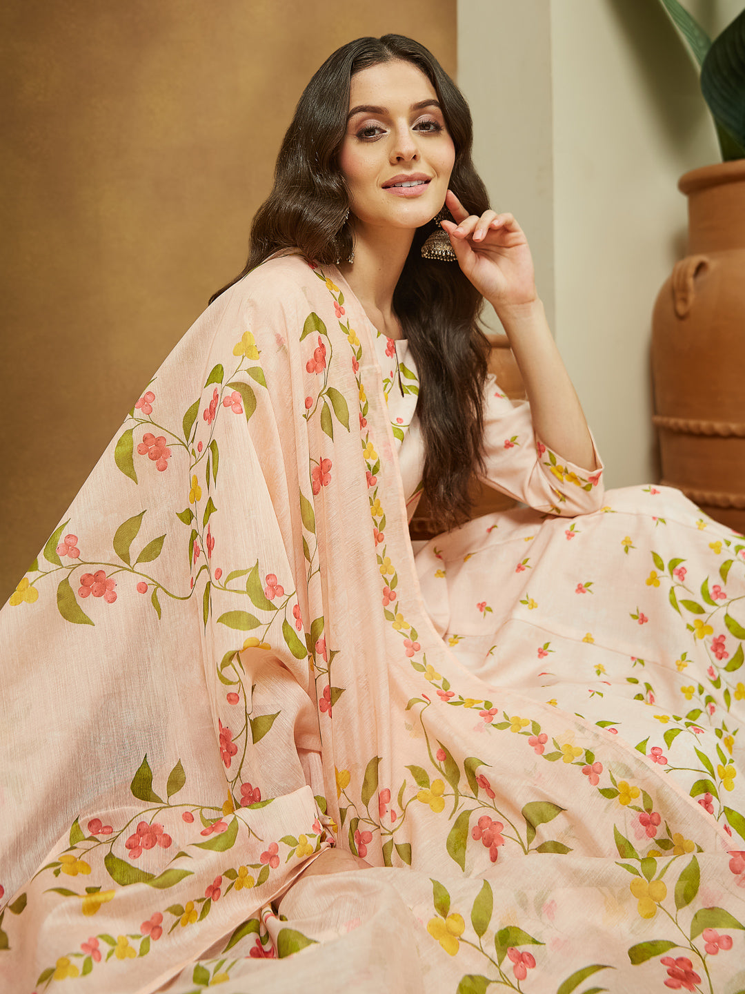 Women's Peach Cotton Blend Floral Printed Anarkali Kurta Set