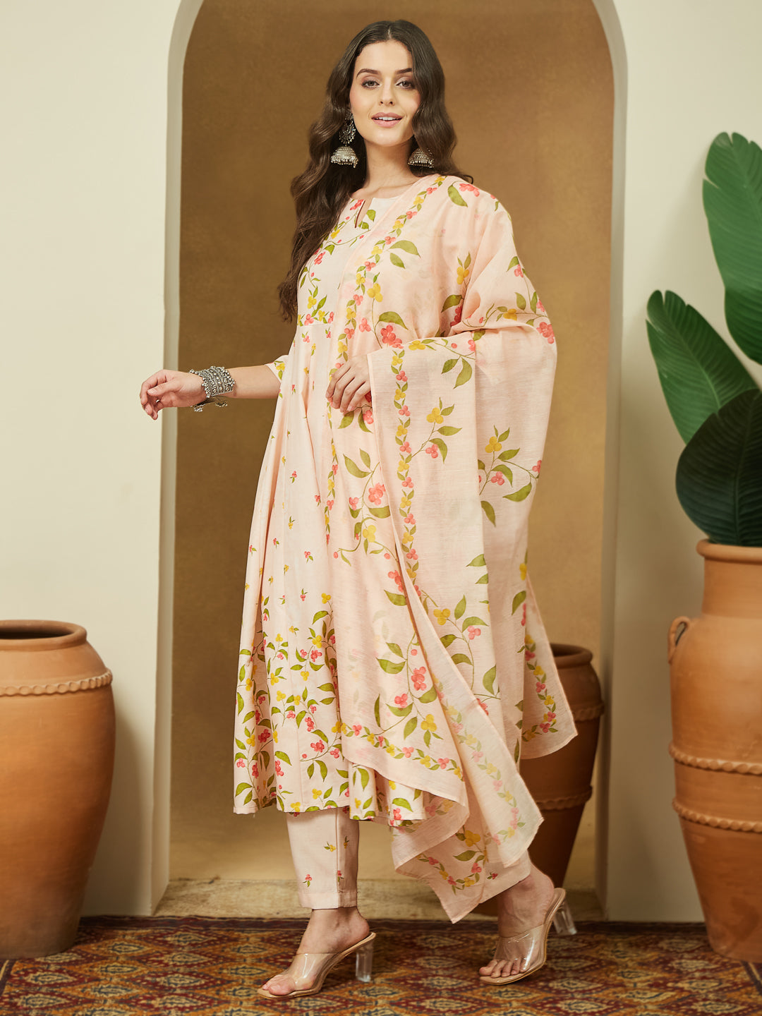 Women's Peach Cotton Blend Floral Printed Anarkali Kurta Set