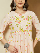 Women's Peach Cotton Blend Floral Printed Anarkali Kurta Set