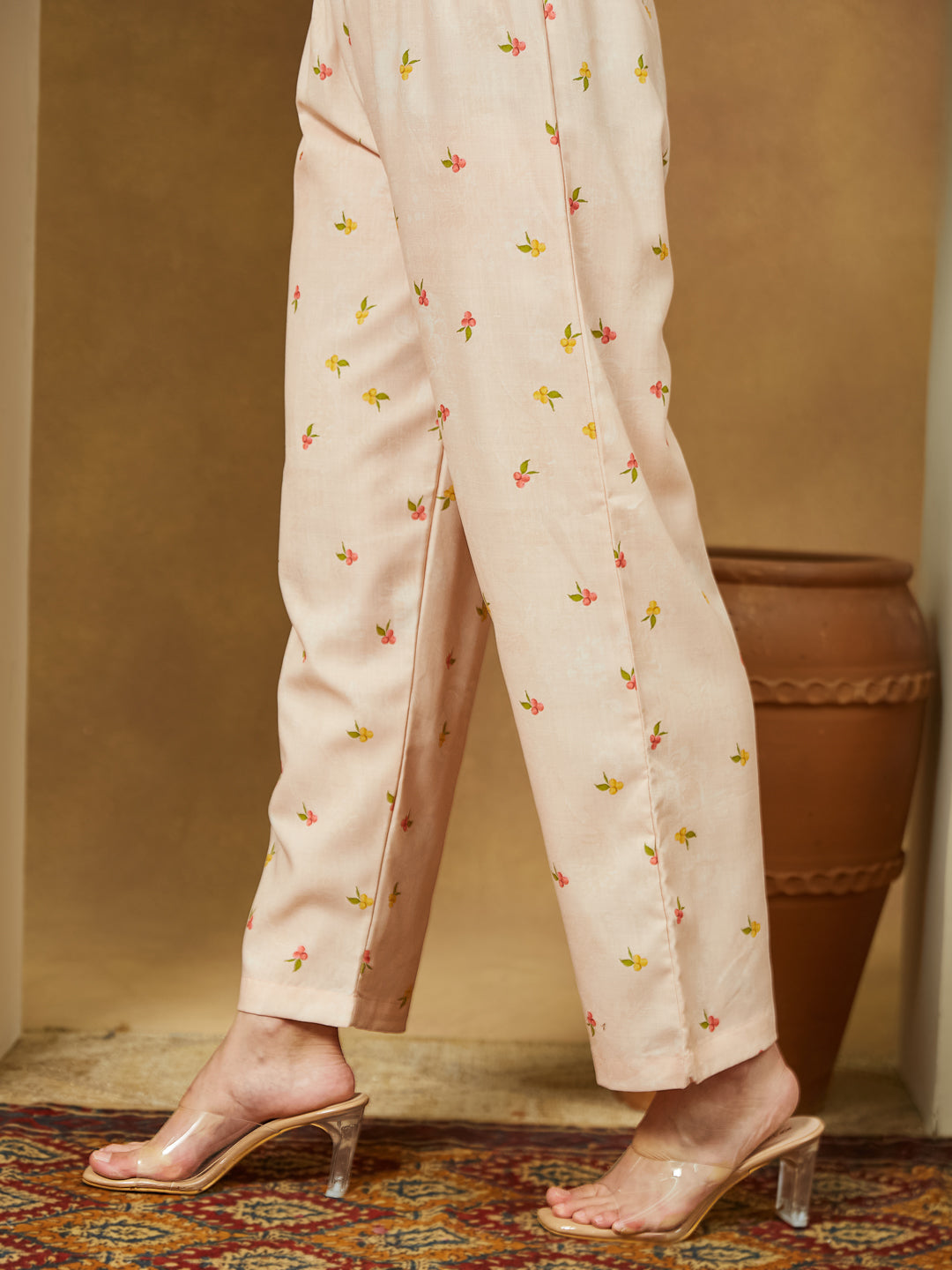 Women's Peach Cotton Blend Floral Printed Anarkali Kurta Set