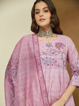Women's Lavender Cotton Blend Floral Printed Anarkali Kurta Set