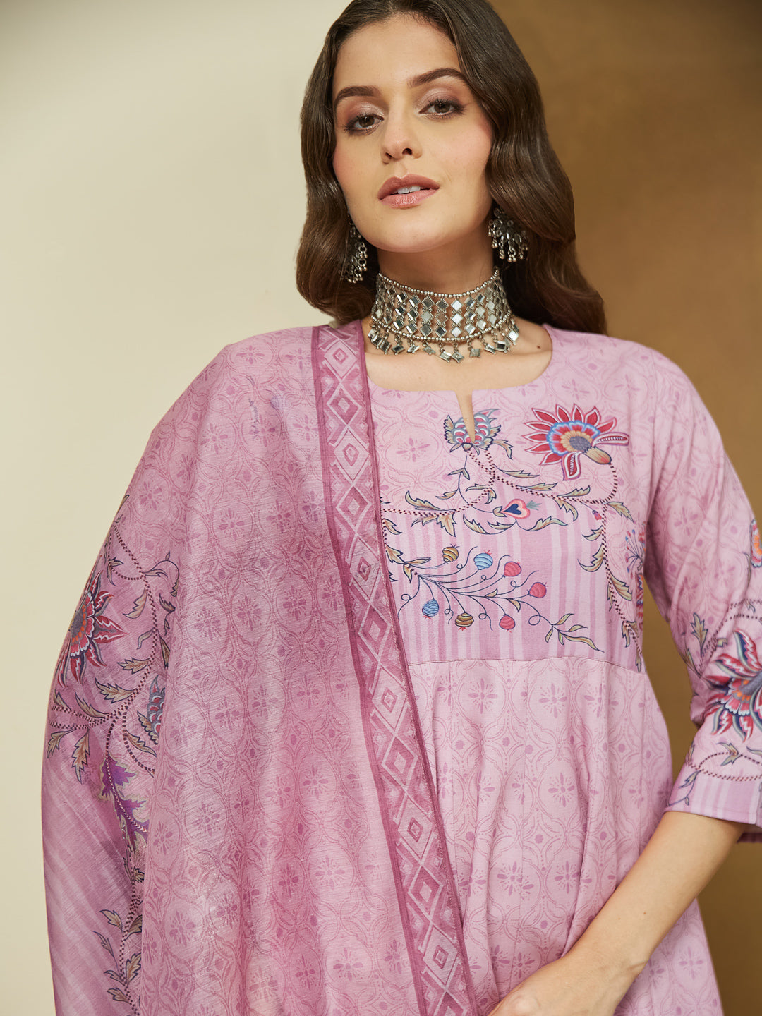 Women's Lavender Cotton Blend Floral Printed Anarkali Kurta Set